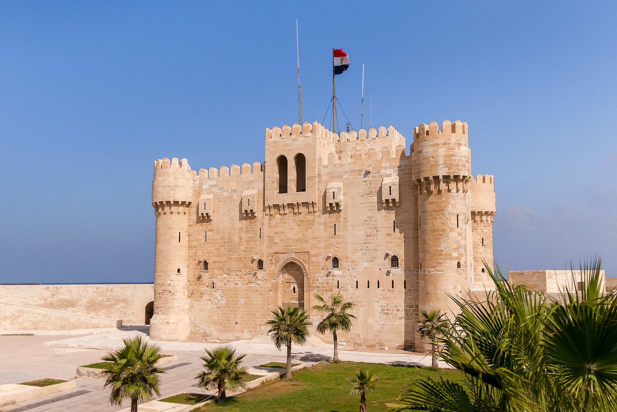 Citadel of Qaitbay fortress and its main entrance yard, Alexandria, Egypt.